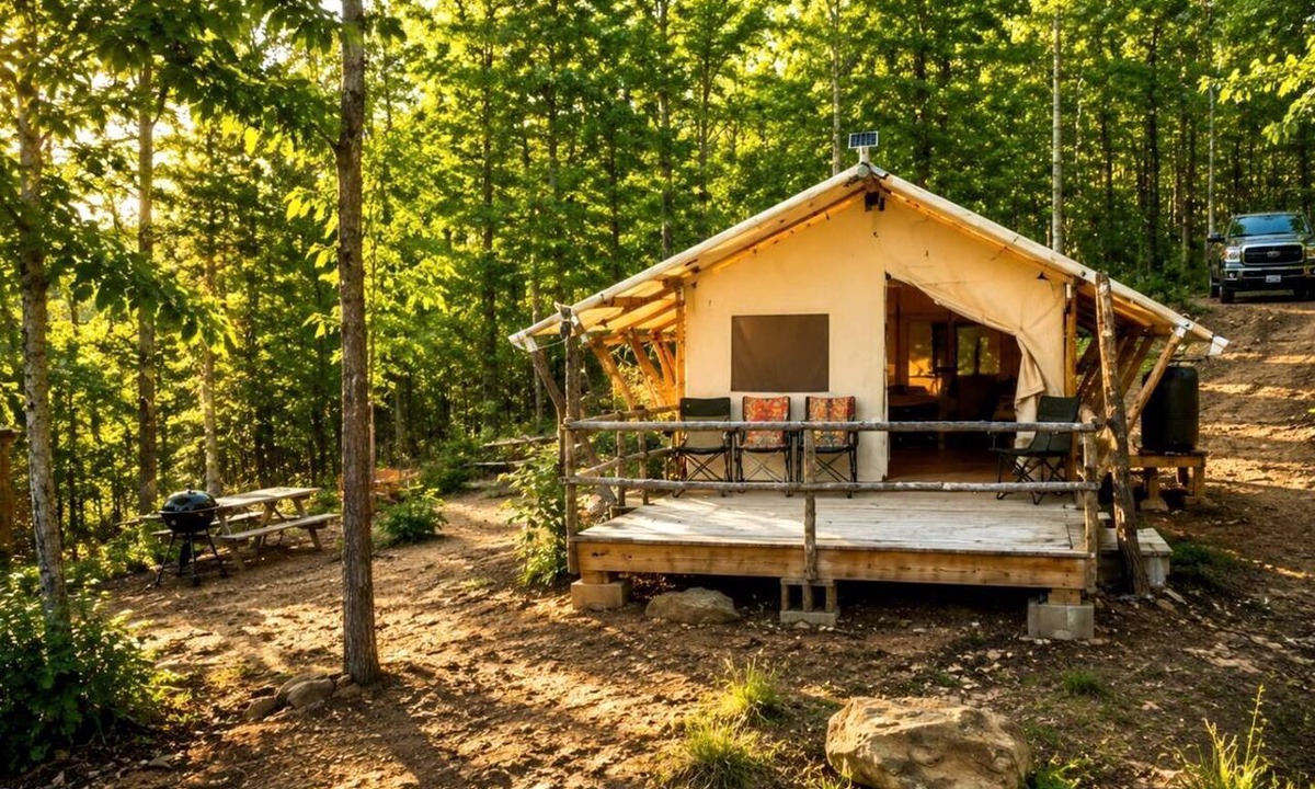 Lenoir RV Rental | Remote Off-Grid Safari Tent with Private Mountaintop Ridge on 180 Acres Near Lenoir, NC