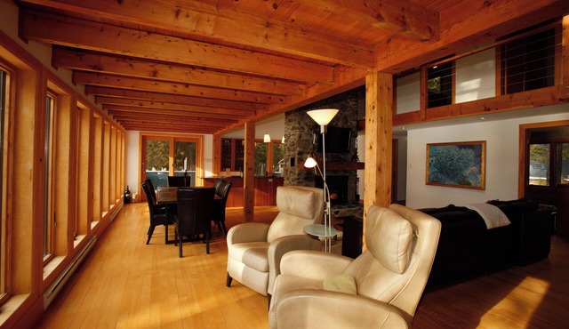 Exquisite lakeside retreat directly on Lake Memphrémagog offers serene getaway.