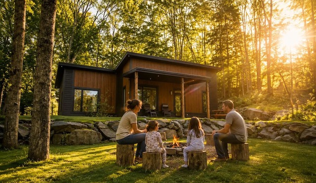 Modern Riverfront Spa firepit 8 min Lac Simon